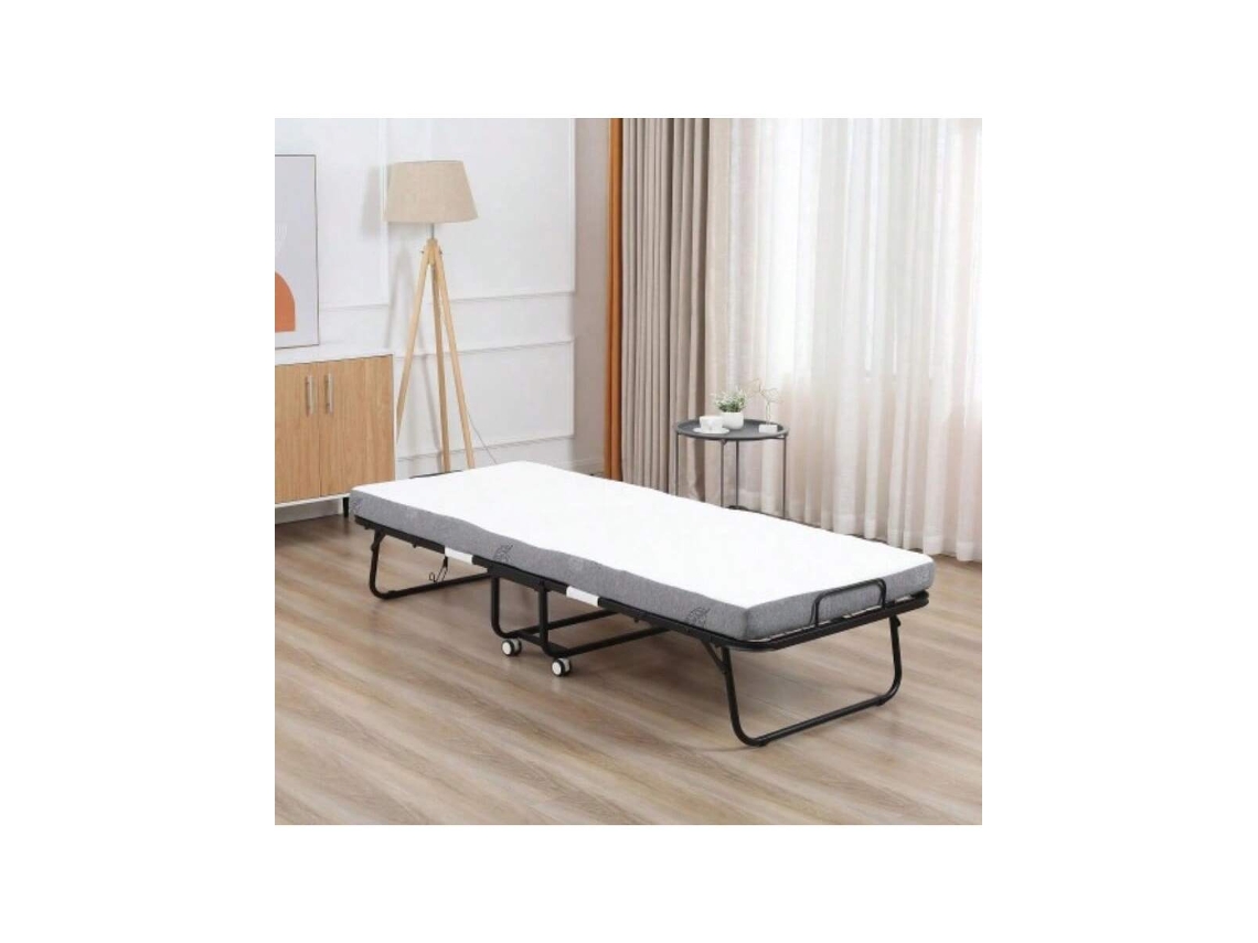 Cama Dobrável Com Rodas, Estrutura Em Aço E Espuma, Branco E Preto, 200x75x42.5cm, Prática Para Visitas E Fácil Transporte. Hvorstur