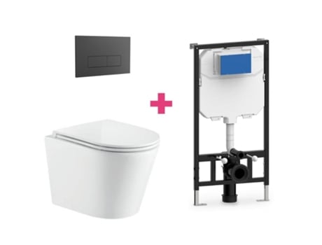 Conjunto de vaso sanitário suspenso de cerâmica Turin com cisterna retangular preta e botão de pressão Aquore