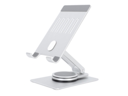 Suporte de mesa de alumínio prateado com rotação de 360°, plegável e estável para smartphones e tablets | S/MARCA