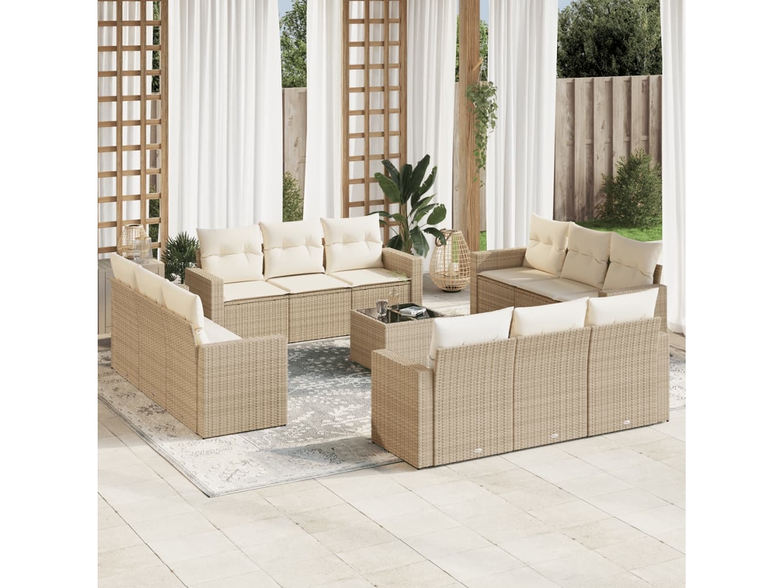 Vidaxl 13 Pcs Conjunto De Sofás P/ Jardim Com Almofadões Vime Pe Bege