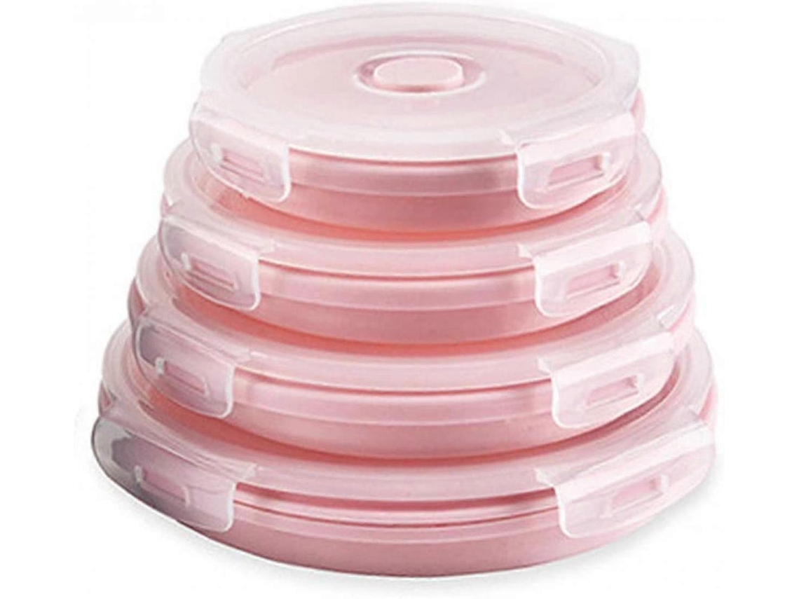 Conjunto De 4 Lancheiras, Em Silicone, Dobrável, Com Tampa, Rosa, Para Lanches, Adequado A Freezer, Micro-ondas