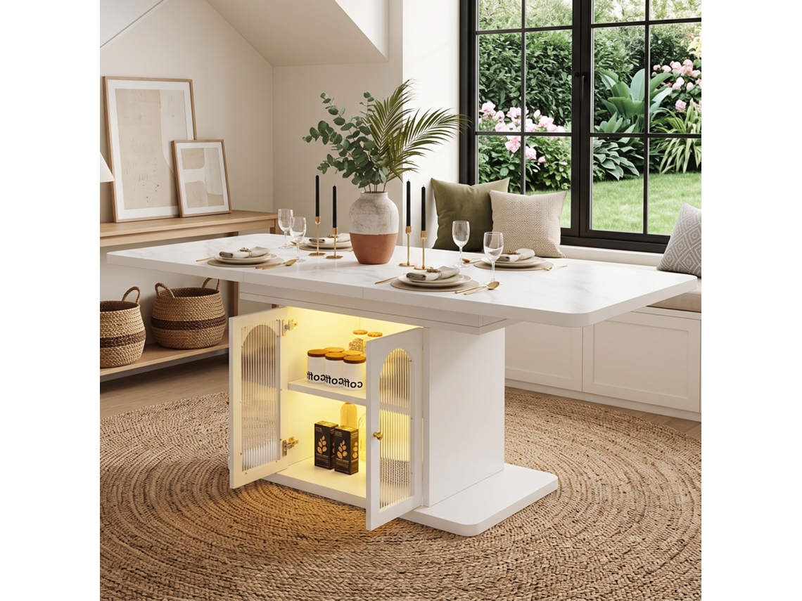 Mesa Extensível 150/200x80cm Com Led, Branco+mármore
