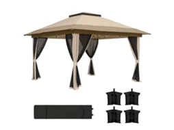 Tenda Dobrável 3,6x3,6 m com Laterais de Rede UPF50+ Altura Ajustável Bolsa com Rodas e Sacos de Areia BEGE