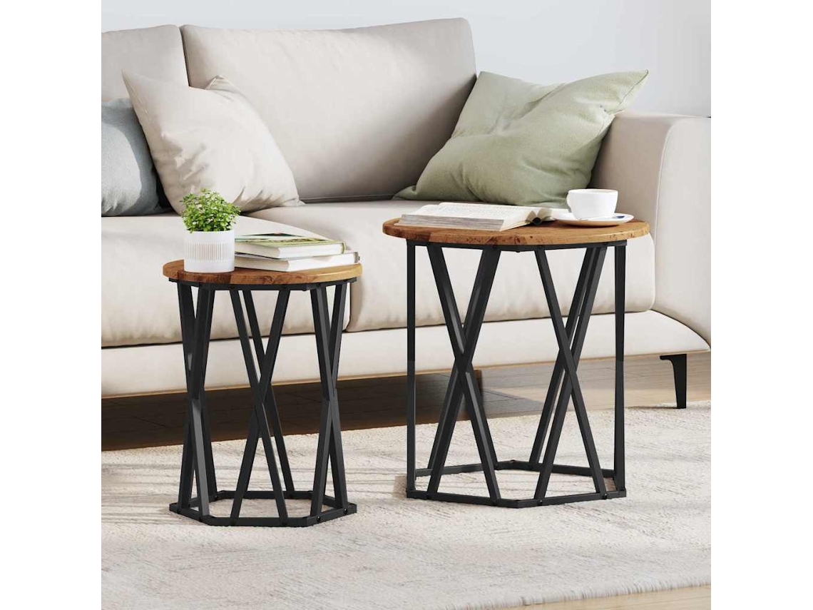 Vidaxl Mesa De Centro 2 Pcs Madeira Antiga Madeira De Engenharia E Aço