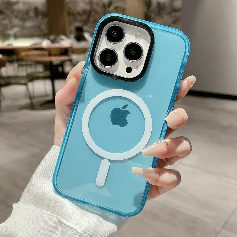 Capa Para Iphone 16 Pro Azul Escuro Com Carregamento Sem Fio, Moldura Transparente Magnética E Capa Traseira.