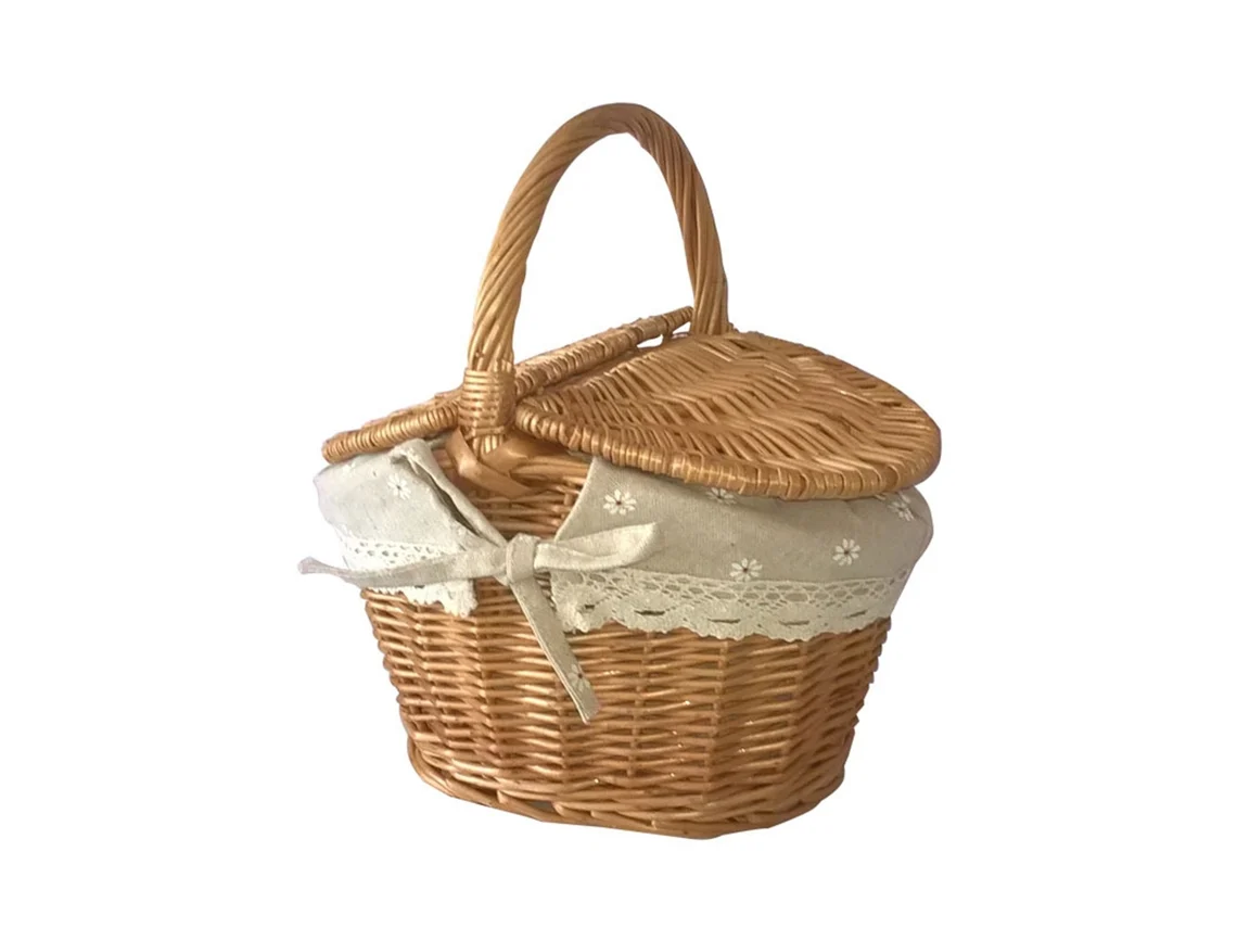 Cesta de Piquenique de Vime S/MARCA com Tampa e Alça Grande para Frutas Armazenamento