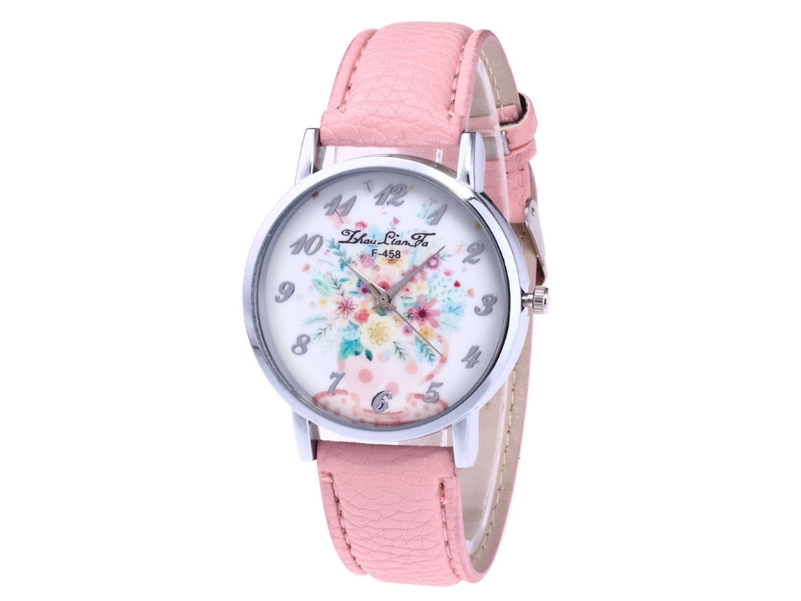 Relógio feminino Zhoulianfa Geneva com pulseira de couro, movimento de quartzo e estampa de margaridas, modelo F-458a, rosa.