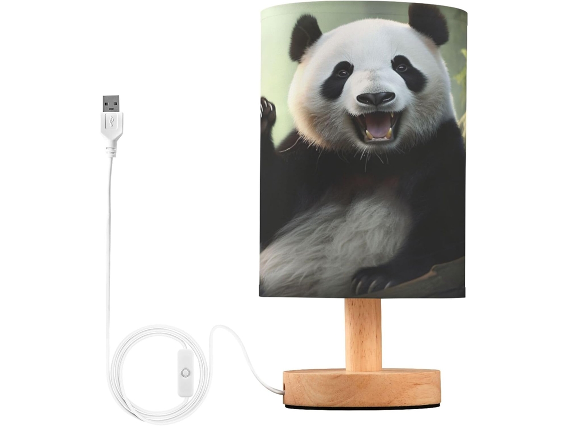 Abajur De Cabeceira Led Em Formato Panda, Perfeito Para Quarto, Leitura Com Cúpula De Tecido, Base De Madeira E Porta