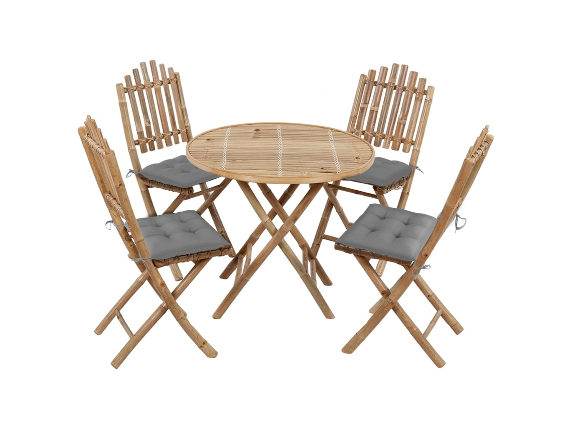 Conjunto 5 Pcs De Jantar Dobrável C/ Almofadões P/ Exterior Bambu Dkd Home Decor