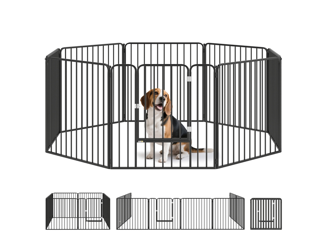 Caixa para Cães com 8 Painéis Modulares para Interior e Exterior com 9 Pinos. em Aço. 164x164x80 Cm. Preto Ge