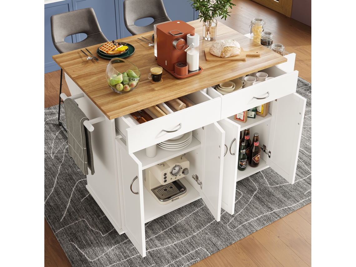Ilha De Cozinha Moderna, 106 X 50 X 90.5 Cm, Com Gavetas E Tampo De Mdf Imitando Madeira, Branco Haochrymec
