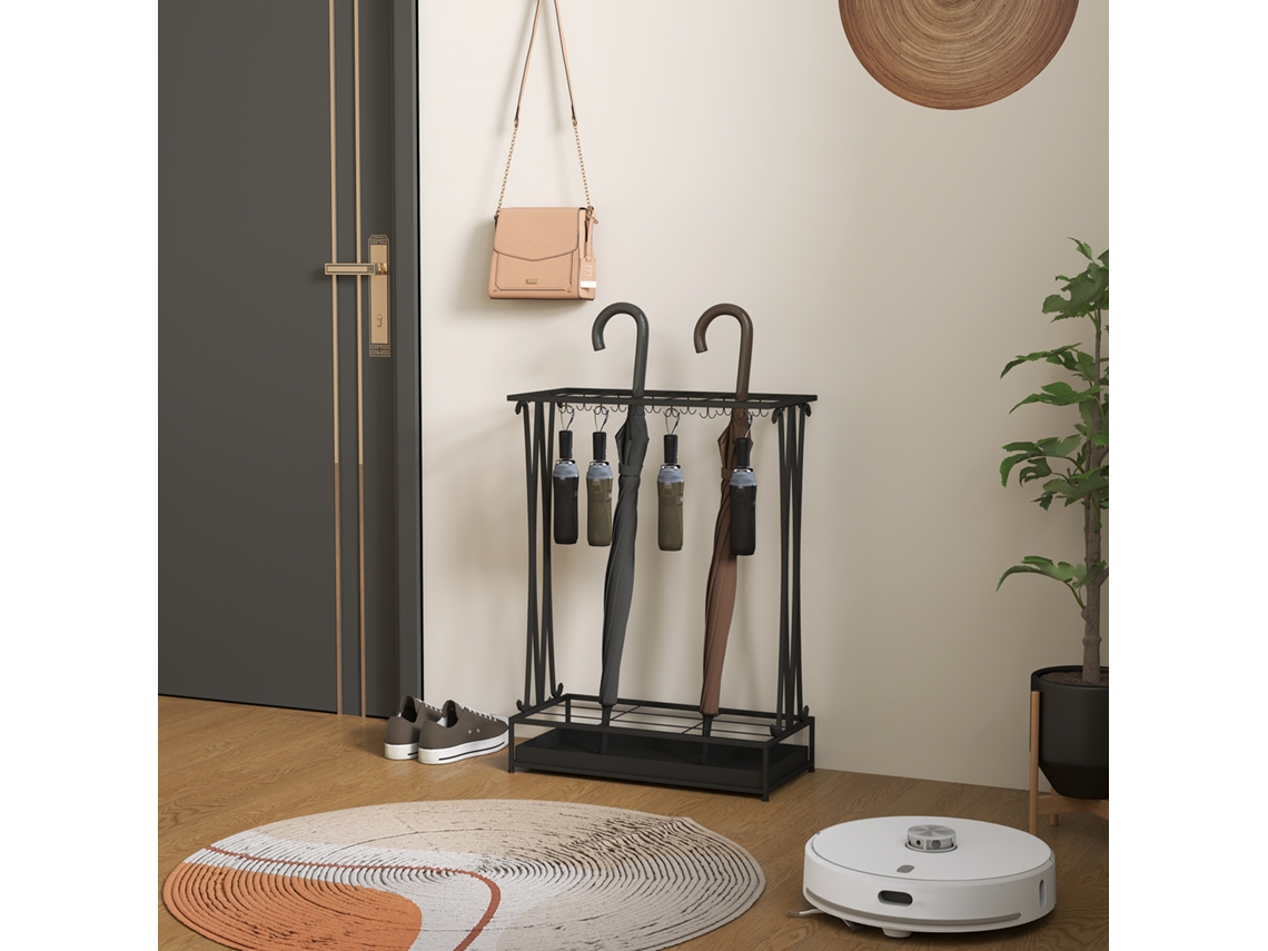 Suporte Para Guarda Chuva Em Aço Retangular Com 24 Ganchos, 21 Furos E Bandeja Removível Para Bengalas E Guarda Chuvas 50 X 24 X 68 Cm Preto Liptaptyn
