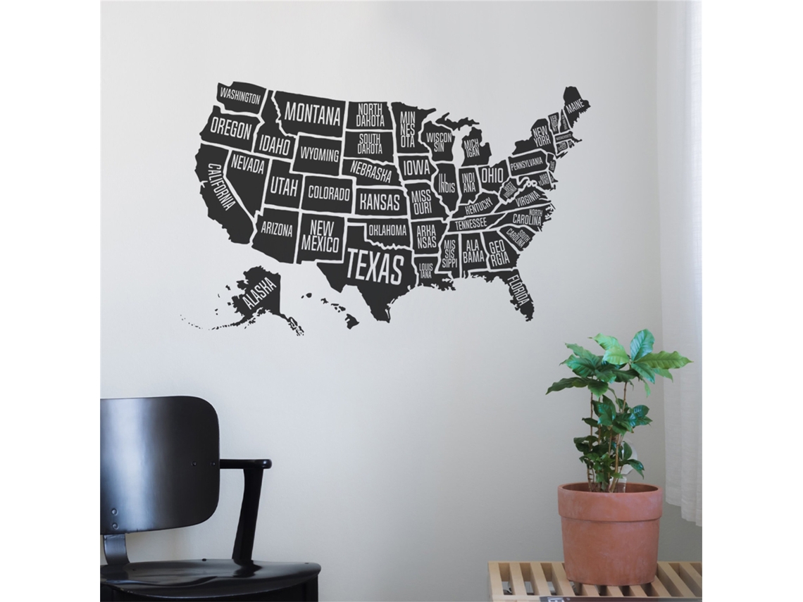 Laxiscreed Adesivo Mapa Dos Eua Para Decoração De Quarto E Sala, Preto