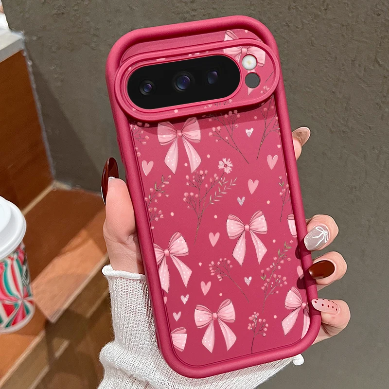 Capa Para Celular Google Pixel 9a Com Estampa De Laço Rosa E Flores (bordô), Capa Macia À Prova De Choque.