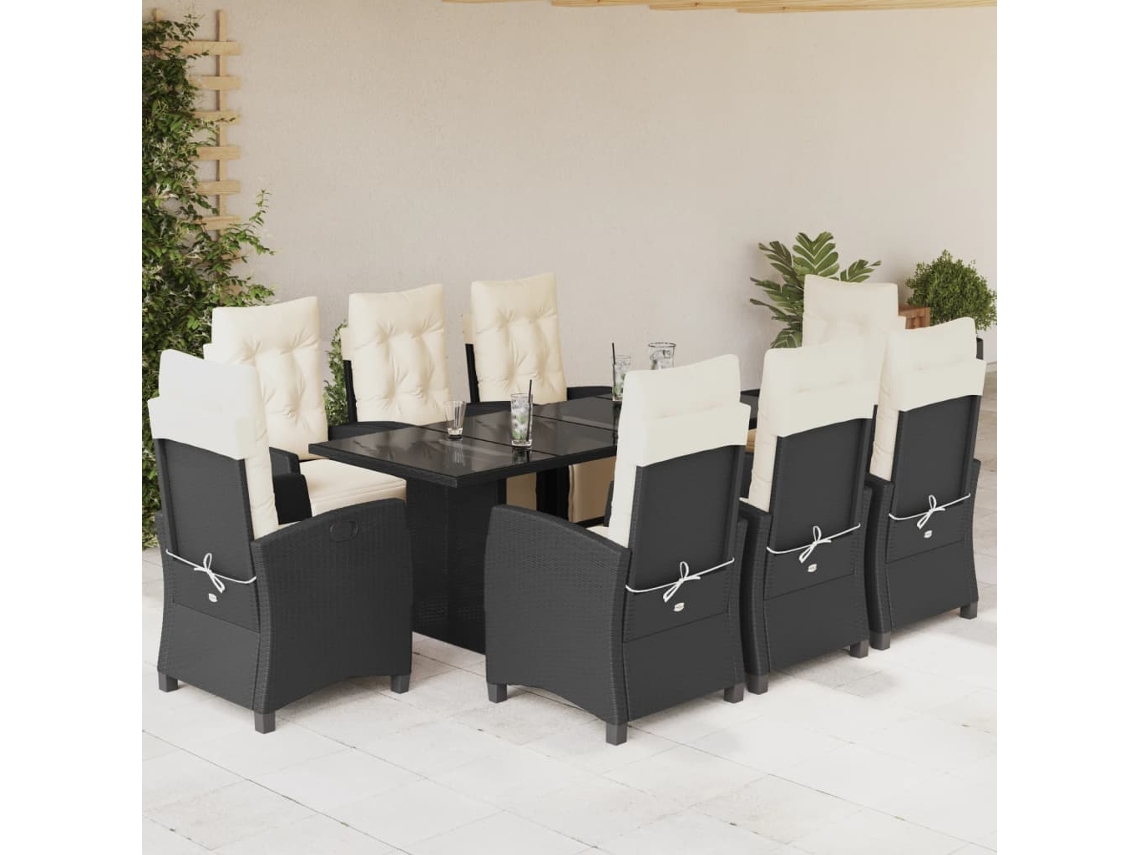 Vidaxl 9 Pcs Conjunto De Jantar P/ Jardim C/ Almofadões Vime Pe Preto