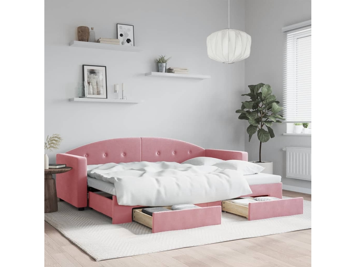 Sofá Cama De Solteiro Com Gavetas Gavetão Lovely Home Madeira Veludo Rosa (80x200)