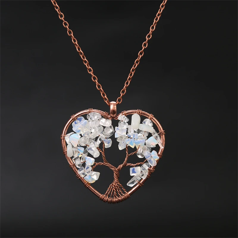Colar com Pingente de Coração de Cristal de Opala para Cura Dos Chakras, Pingente da Árvore da Vida. MDUG
