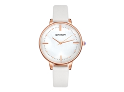 Relógio Feminino de Quartzo com Mostrador Grande Pulseira de Couro Pu Resistente À Água Branco