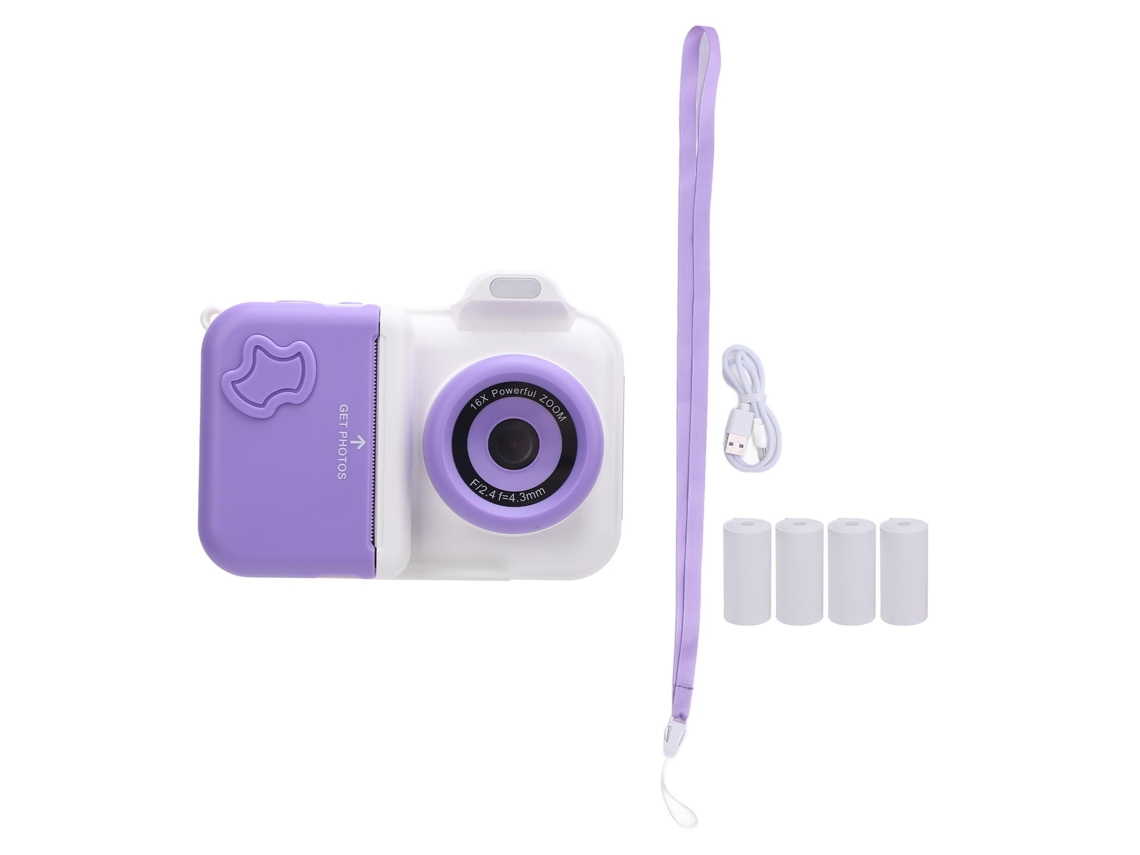 2026 câmera Instantânea com Tela Ips Hd de 2,4 Polegadas, Lentes Duas, Flash, Cartão de 32gb, 5 Rolos de Papel Roxo Branco