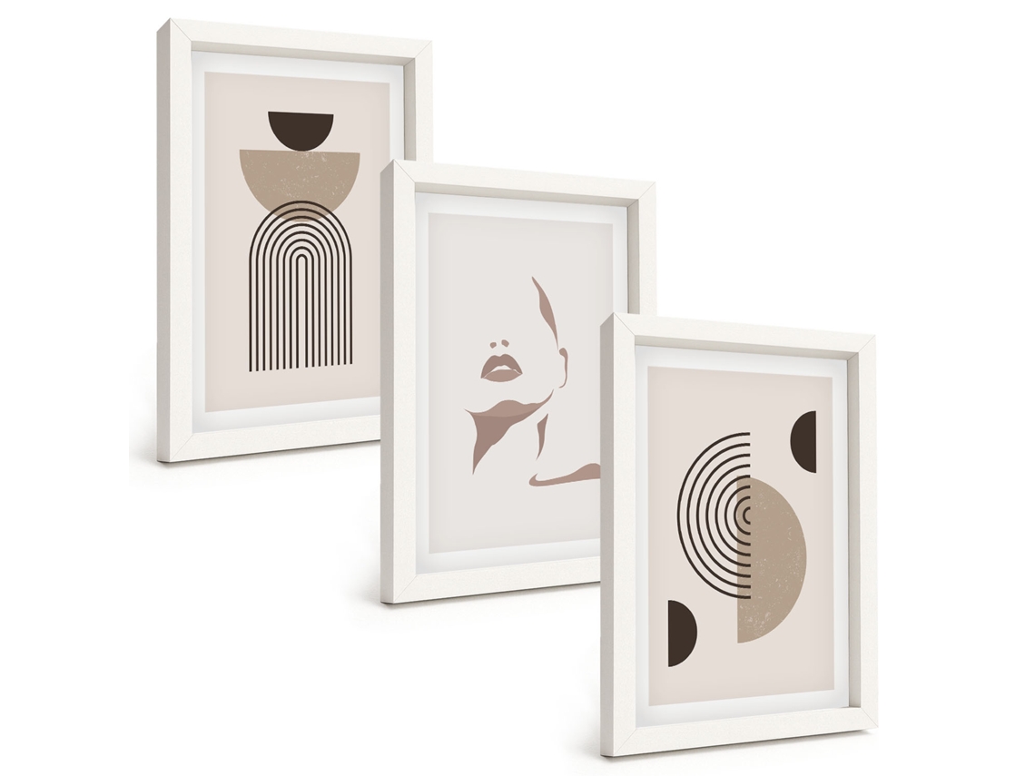 Composição De Quadros Formas E Rostos Abstratos Moldura Branca Quadros Para A Sala De Estar Espelharte (3 Peças 20x30 Cm)