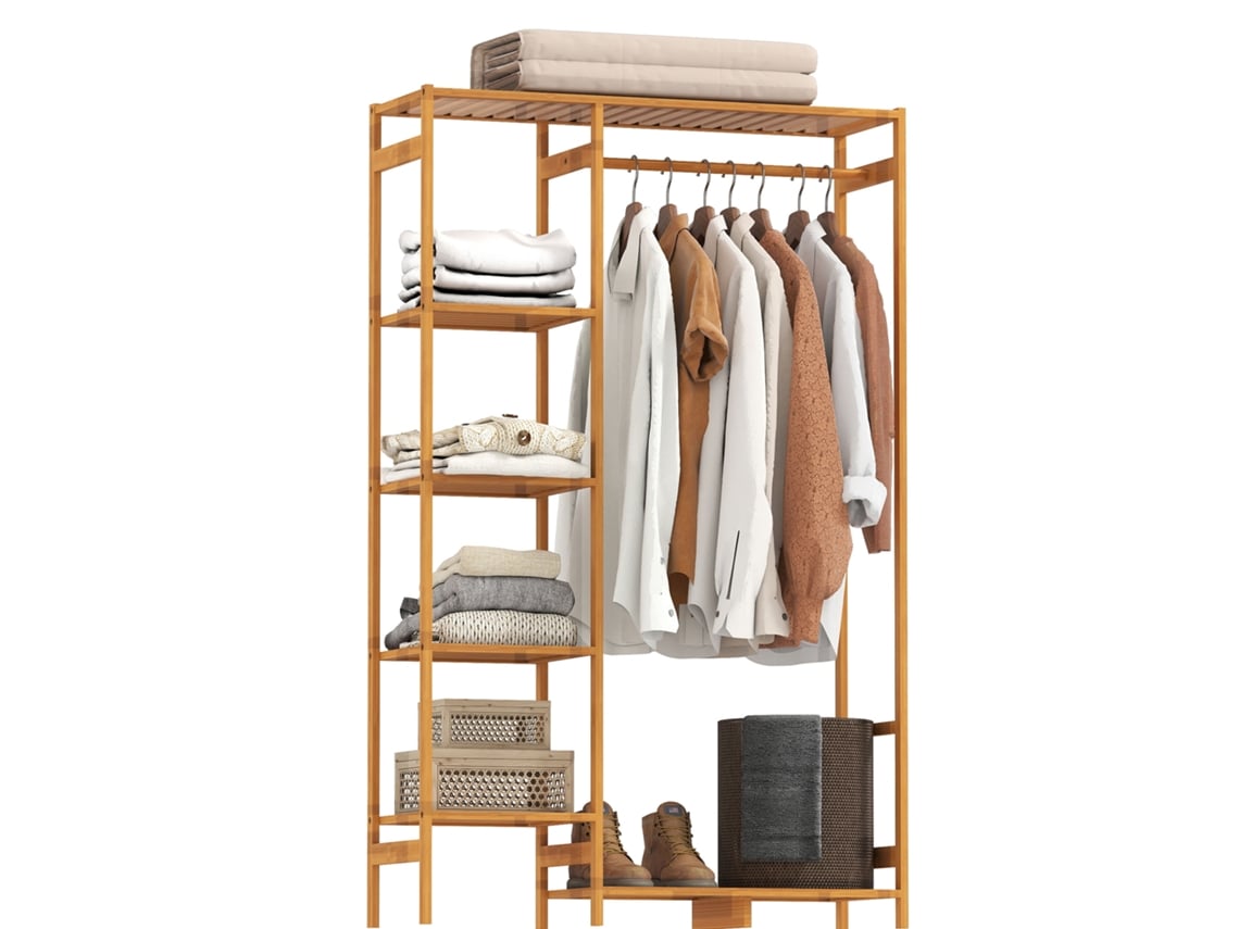 Portant À Vêtements BTFORUS em Bambu com 6 Níveis de Armazenamento e Tringle de Suspensão 90x30x145 cm em Madeira Natural