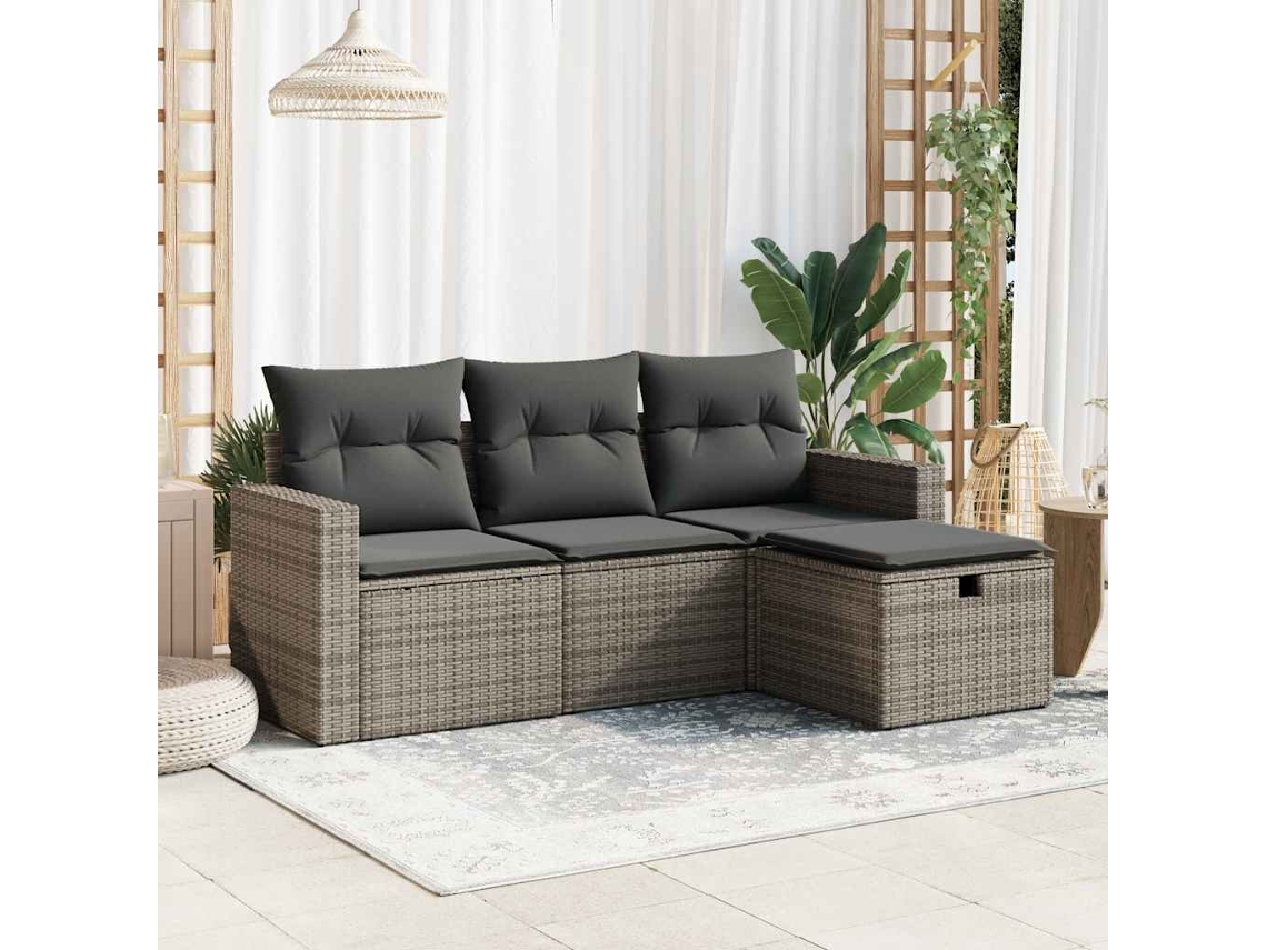 Vidaxl 4 Pcs Conjunto Sofás De Jardim C/ Almofadões Vime Pe Cinzento