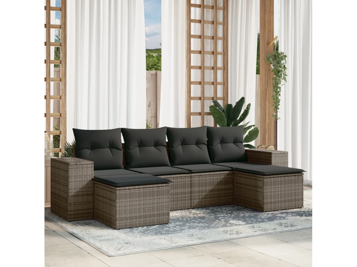 Vidaxl 6 Pcs Conjunto Sofás De Jardim Com Almofadões Vime Cinzento