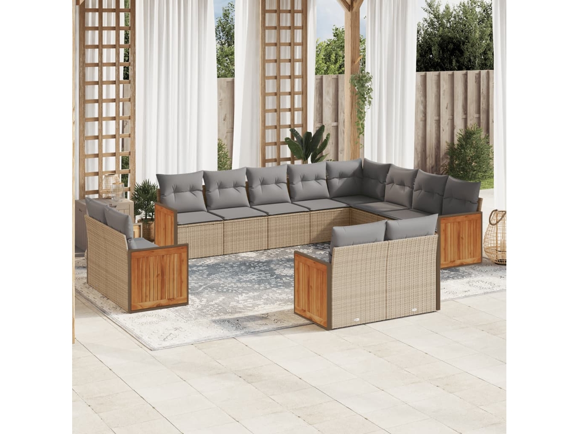 Vidaxl 12 Pcs Conjunto De Sofás P/ Jardim Com Almofadões Vime Pe Bege