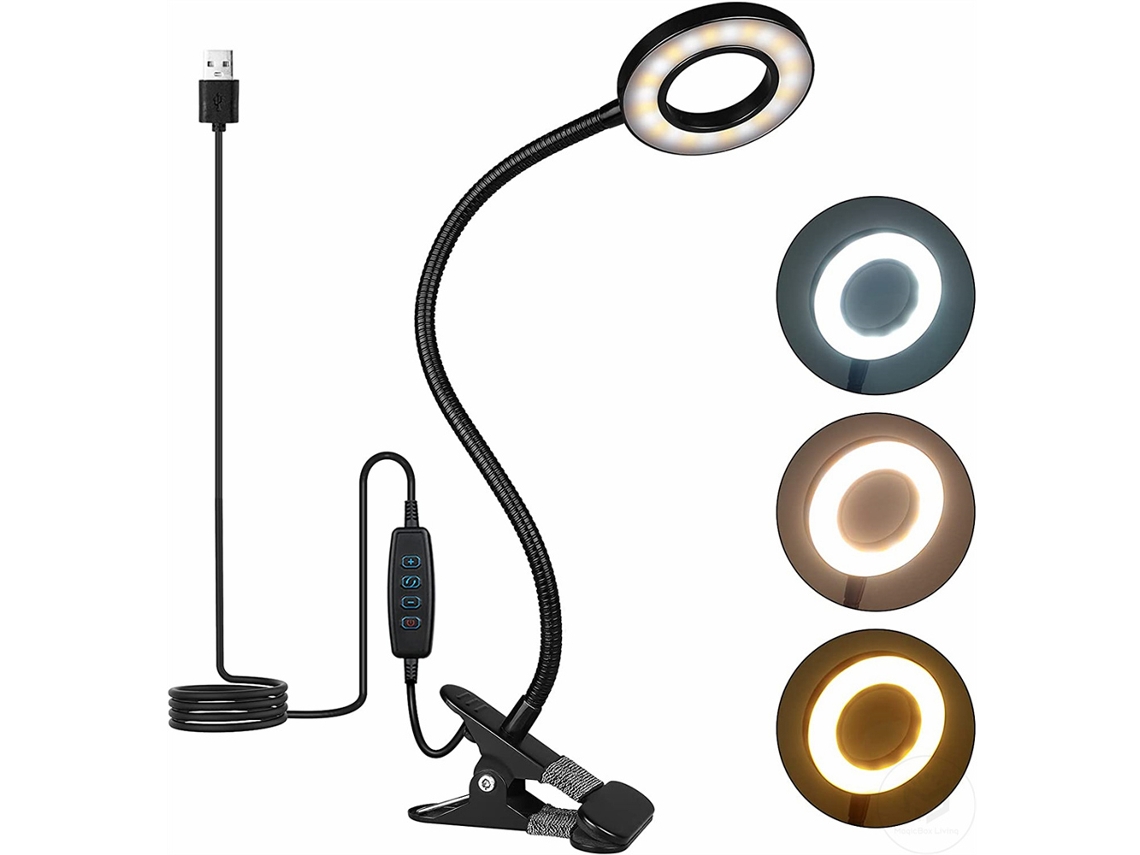 Luminária De Leitura Usb Com 48 Leds, 3 Modos De Cor, 10 Níveis De Ajuste De Brilho E Haste Flexível Com Rotação De 360°.