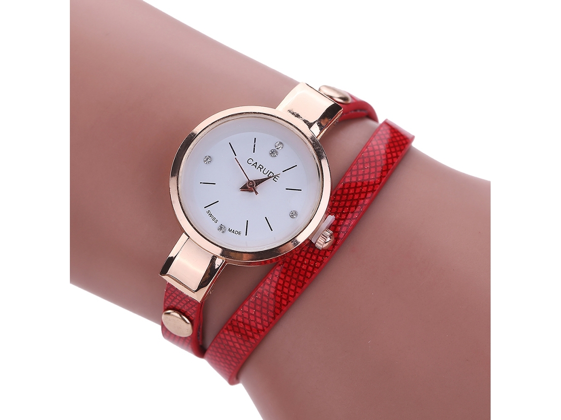 Relógio de Pulseira Feminino de Moda com Pulseira de Couro Pu Enrolada Strass Quartzo Vermelho