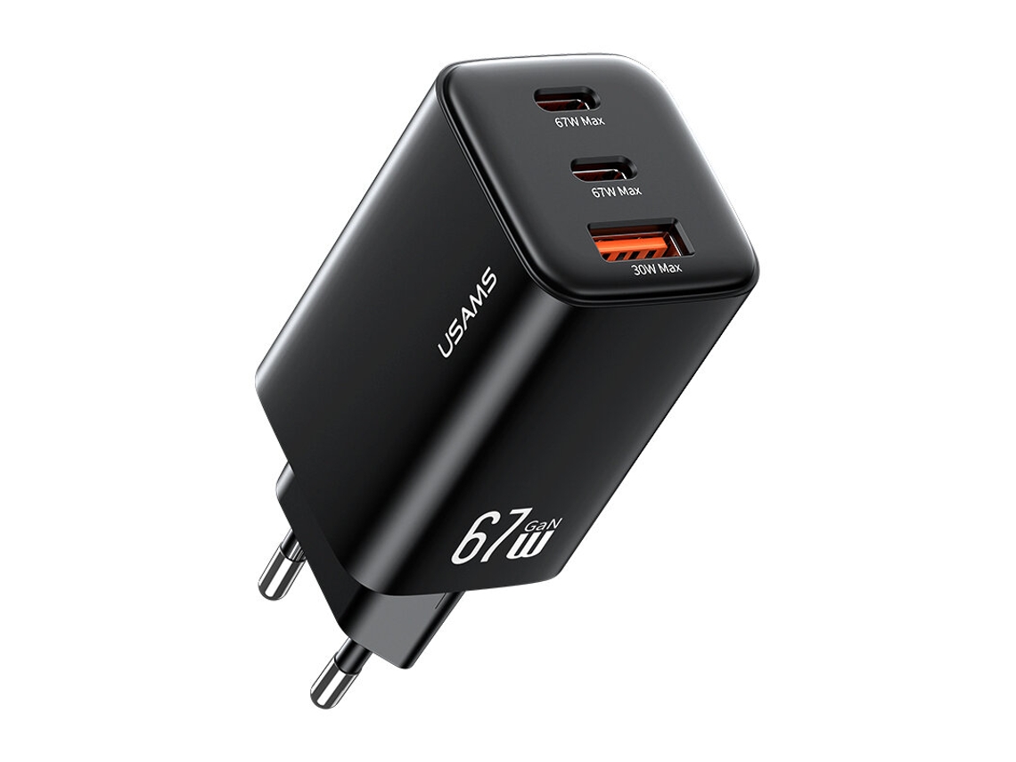 Gan Tech Carregador Usb Usams Cc265 67w De 3 Portas (2 Usb-c Usb-a) Com Adaptador De Parede Com Ficha Europeia