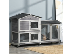 Cabana para pequenos animais em pinho e aço, 157,4x53x99,5cm, 2 andares, rodas, telhado de asfalto, cinza | S/MARCA