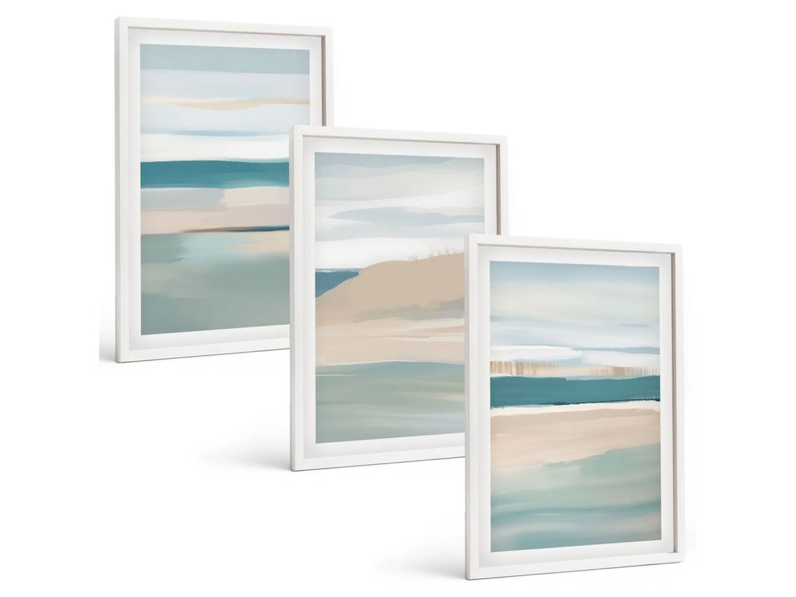 Composição De Quadros Paisagens Abstratas Em Azul Moldura Branca Quadros Para A Sala De Estar Espelharte (3 Piezas De 40x60 Cm)