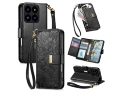 Capa Carteira De Couro Com Zíper, Estampa De Flores E Folhas, Com Alça, Para Xiaomi 14t Pro