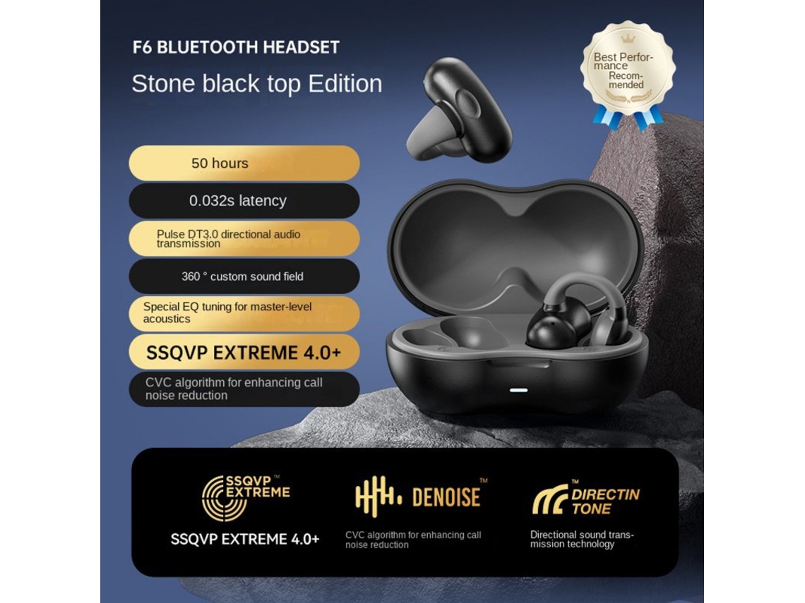 Auriculares Bluetooth True Wireless de Condução Óssea 5.3 com Clipe de Ouvido para desportos com Redução de Ruído Cinza Escuro