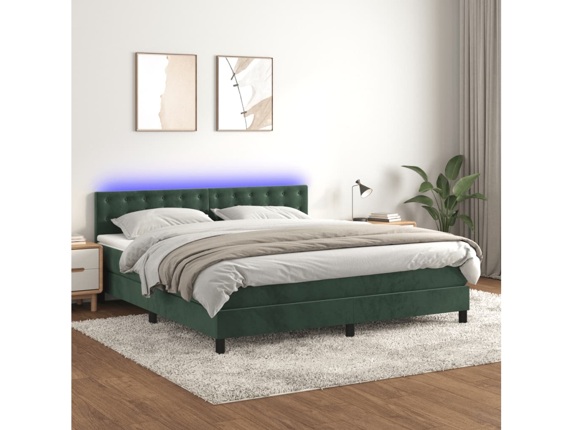 Cama Box Spring C/ Colchão/led 160x200 Cm Veludo Verde-escuro