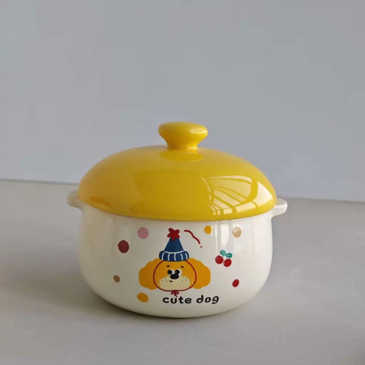 Tigela de Cerâmica com Tampa e Alças Duplas , Mini Tigela de Sopa Fofa com Desenho Animado. MDUG (cachorro de Chapéu, 12,7 Cm)