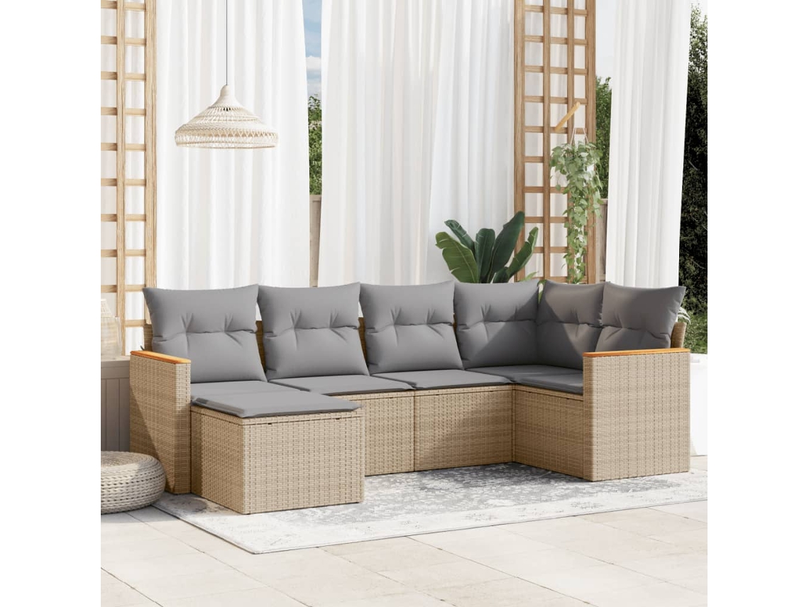 Conjunto de 6 Sofás para Jardim com Almofadas Vime Pe Bege Dkd Home Decor