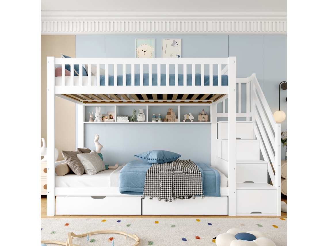 Cama Beliche Para Criança 90x200 Cm Com 2 Gavetas Com Prateleiras Roupeiro Com Compartimentos De Arrumação Branco Estilo