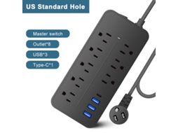 Power Strip com 3 USB, proteção contra surtos, EOOCOO