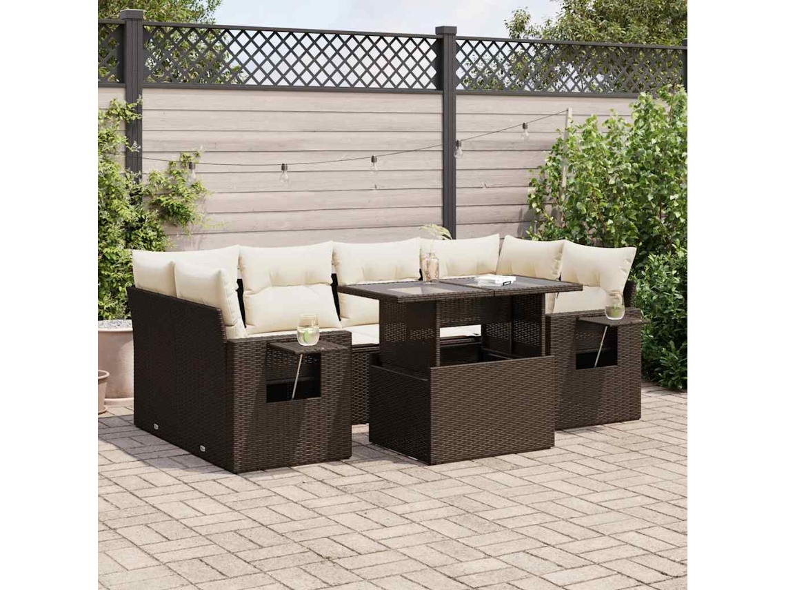 Vidaxl 7 Pcs Conjunto De Sofás Jardim C/ Almofadões Vime Pe Castanho