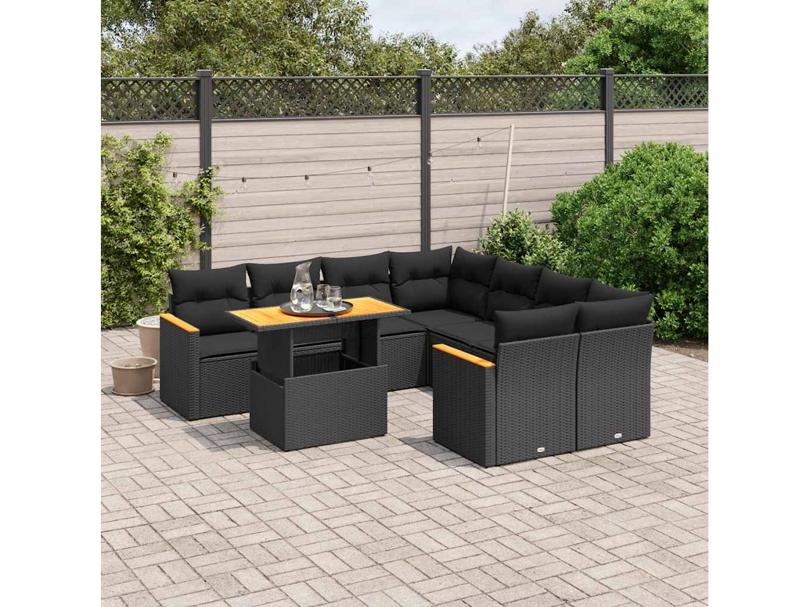 Vidaxl 9 Pcs Conjunto De Sofás P/ Jardim C/ Almofadões Vime Pe Preto