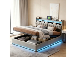 Cama casal com armazenamento 140x190 cm, ripas, luz LED, USB, bolsos laterais, hidráulica, veludo cinza | ROSAHQNDA