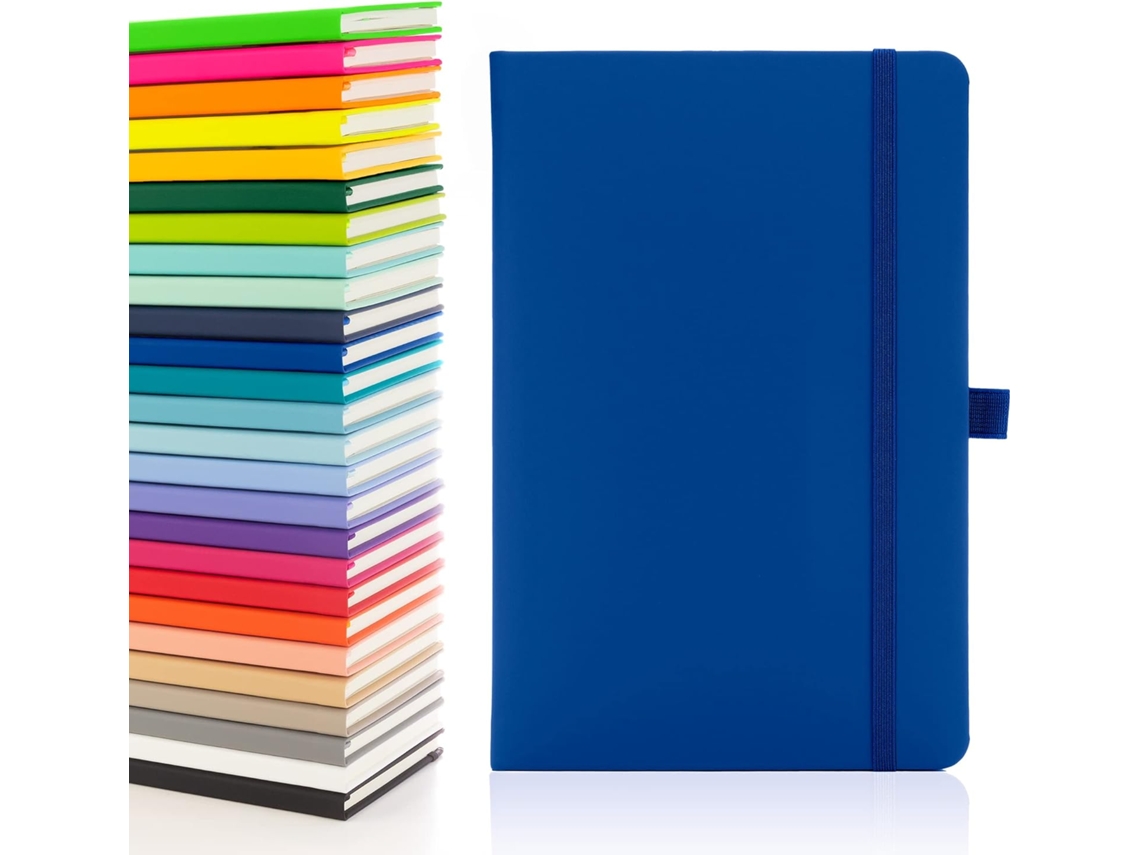 Caderno A5 com páginas pautadas, fita, marcadores de data e bolso para papel. Capa dura média. Para anotações. Papel sustentável Slowmoose (azul).
