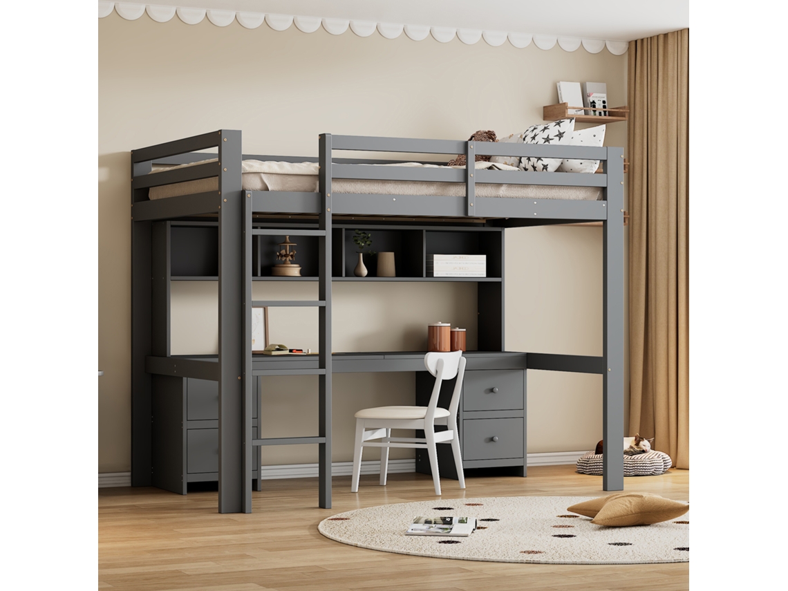 Cama Crianças 90x200cm Mesa Armazenamento Escada Estável Cinza