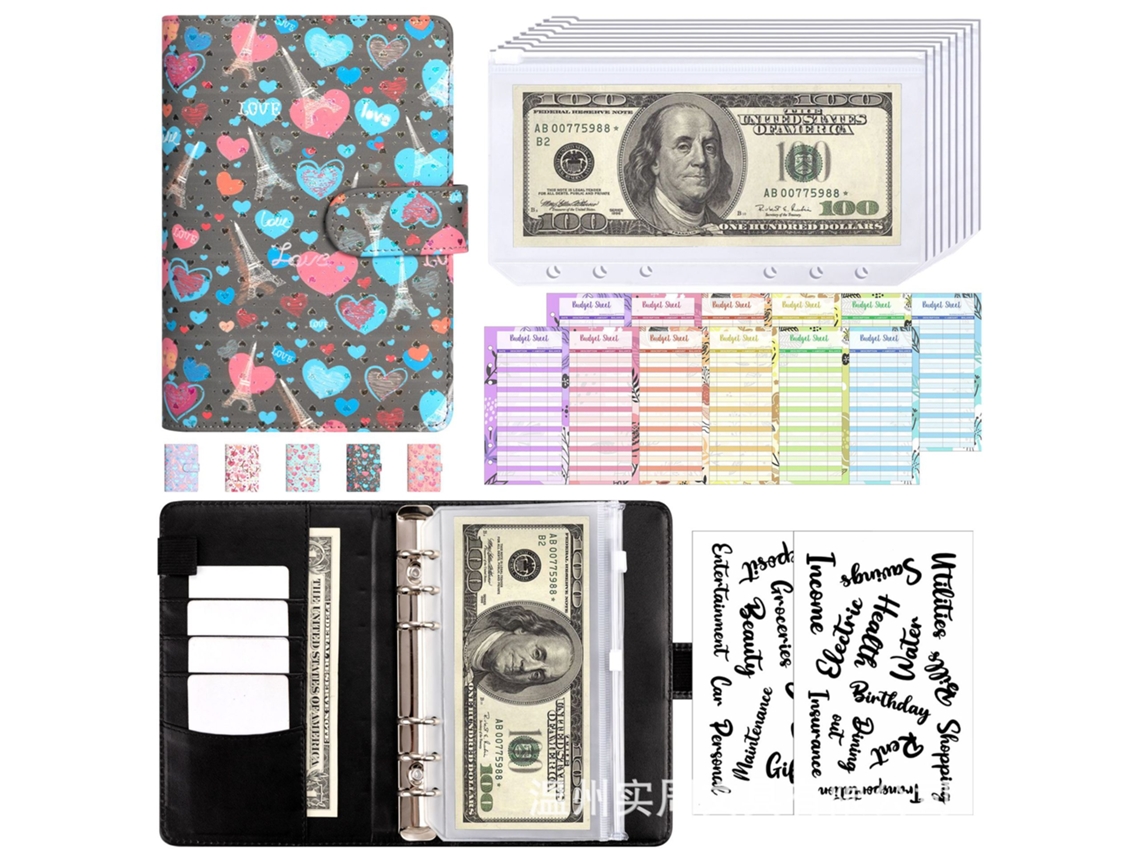 A6 Love Eiffel Tower Korean Macaron Pu Leather Journal Cover Gray, With 8-zipper Pockets, 12 A6 Cash Budget Cards, And