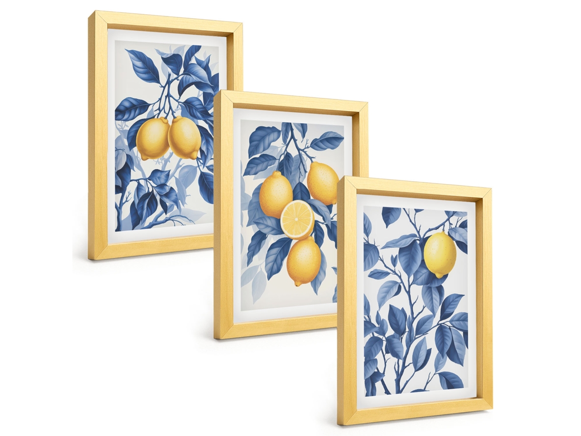 Composição De Quadros Limões, Galhos, Folhas Azuis Espelharte (3 Peças 20x30 Cm)