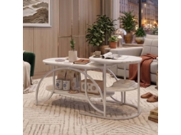 Lazyspace Mesa De Centro Oval Com Efeito Mármore 80x46x51 Cm Estrutura Metálica Prata - Branco