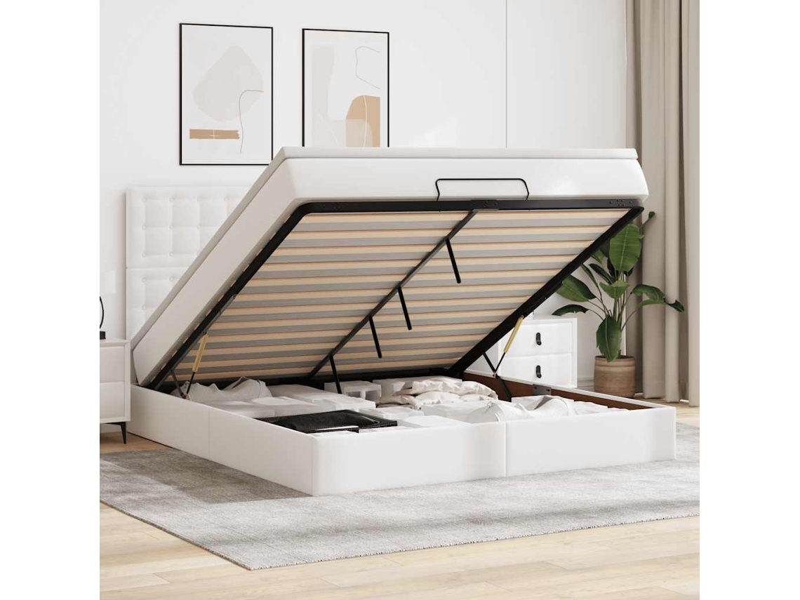 Vidaxl Estrutura de Cama Otomana com Colchão Branco Couro Falso
