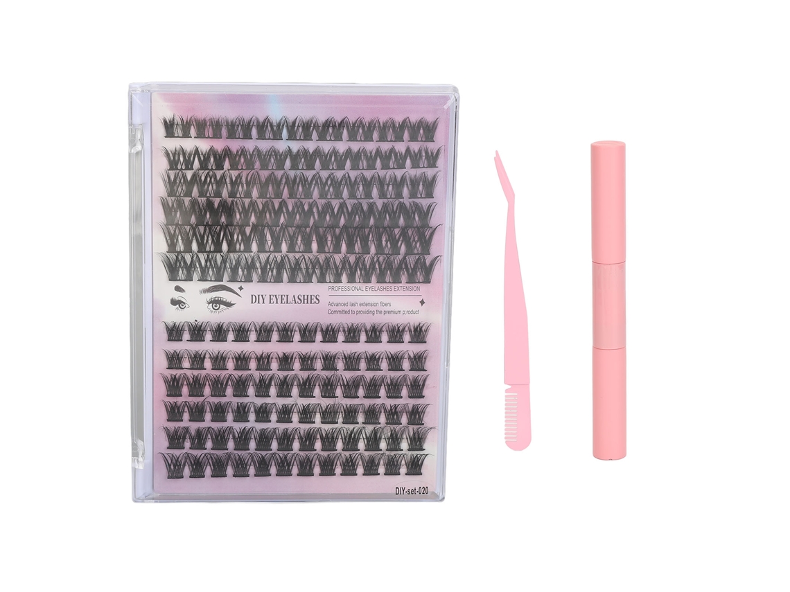 Kit De Cílios Extensos Diy Com 126 Clusters Curl D, Cola E Pinça Dupla Rosa